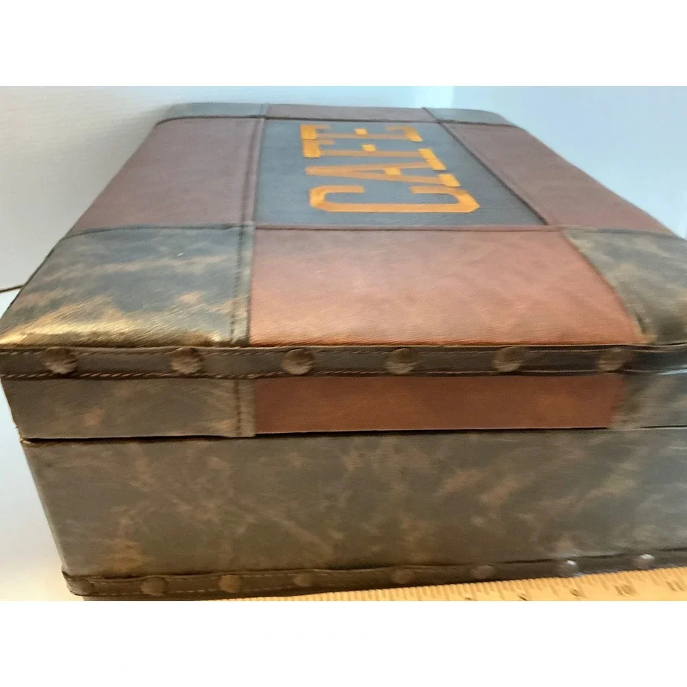 Vintage Style Cafe Storage Trunk Brown Faux Leather Patchwork Box Large